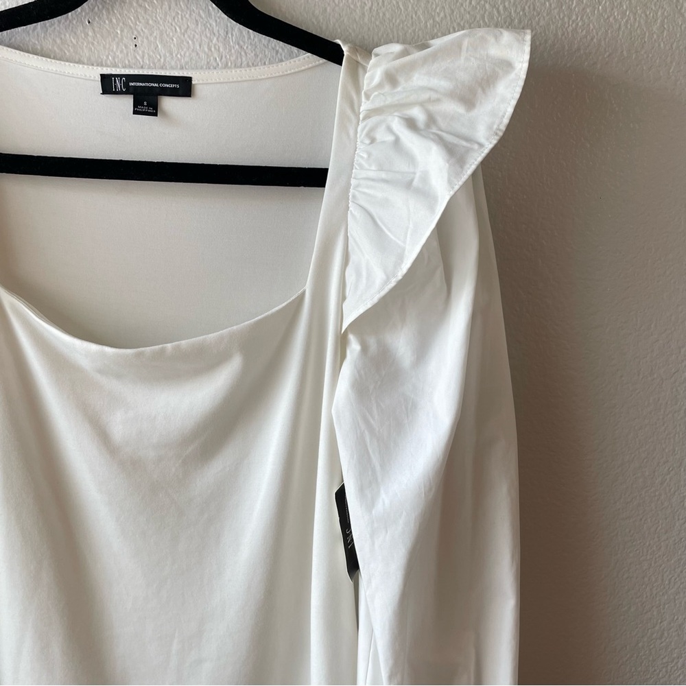 NWT INC• White spandex and cotton square neck long sleeve dramatic top womens S